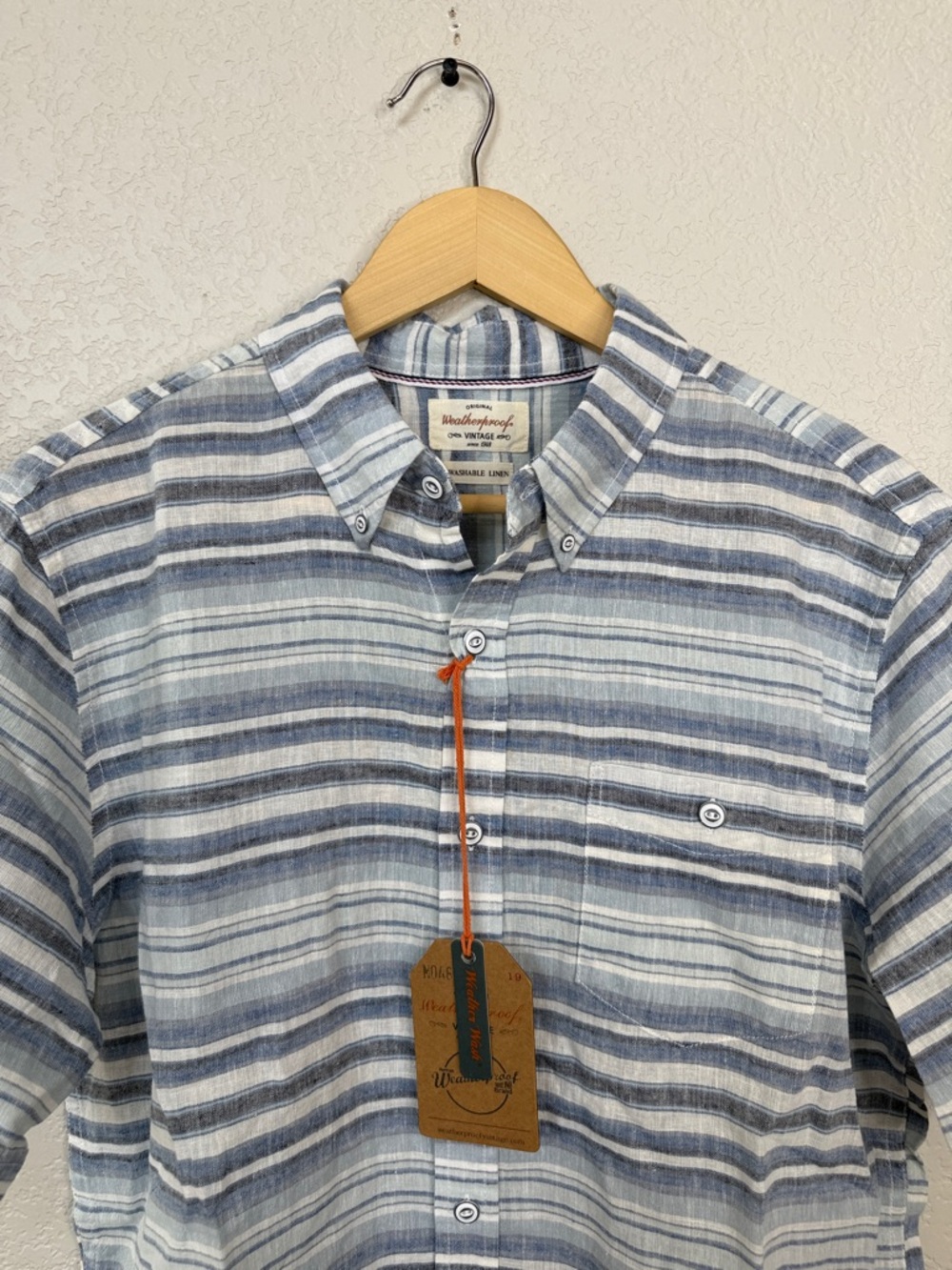 Weatherproof Casual Button Down Shirt Linen Cotton Striped Blue Mens Medium NWT - Picture 6 of 10
